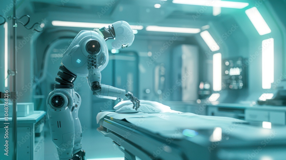 Poster high-tech ai medical robot performing surgery with laser precision in a state-of-the-art operating r