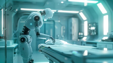 High-tech AI medical robot performing surgery with laser precision in a state-of-the-art operating room, bathed in soft, sterile white light