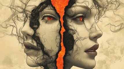 Two faces, each split down the middle, one side depicting a highly emotional and empathetic personality, while the other shows a more rational and reserved demeanor, 