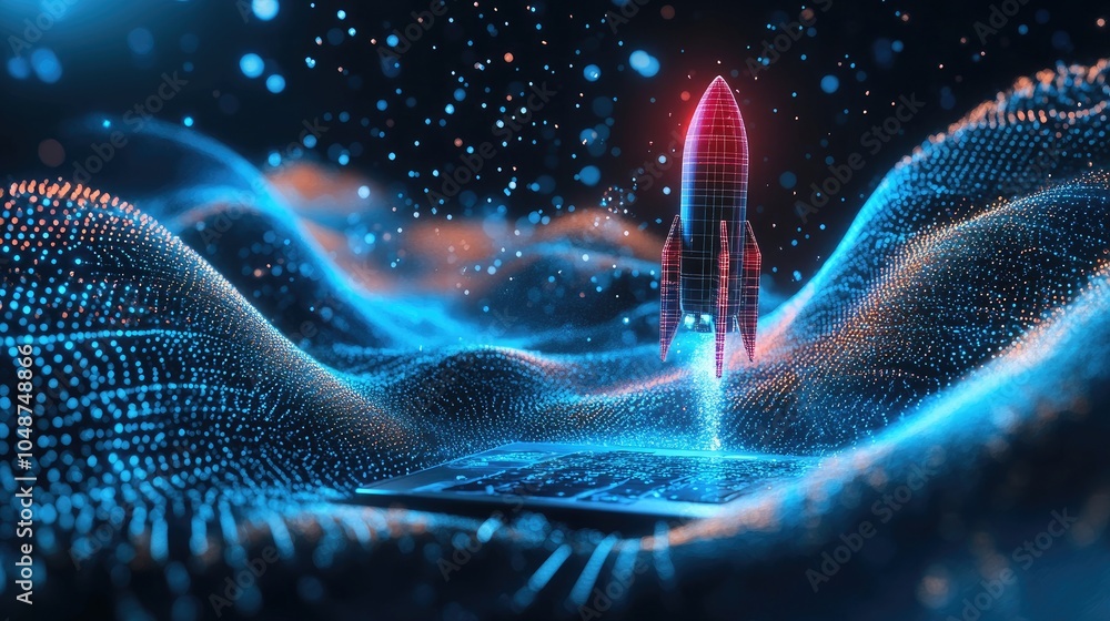 Poster futuristic rocket launch with digital wave background