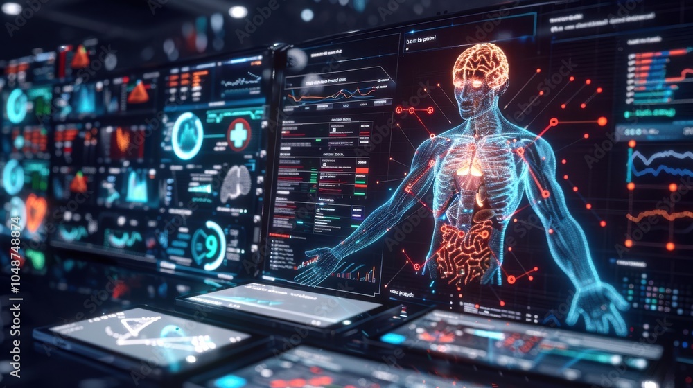 Poster holographic display of a human body with floating health metrics, surrounded by transparent tablets 