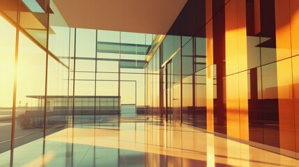 Reflective glass windows of a modern geometric building in sunlight