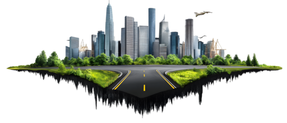 Flying island with road and modern city on transparency background PNG isolated on white background