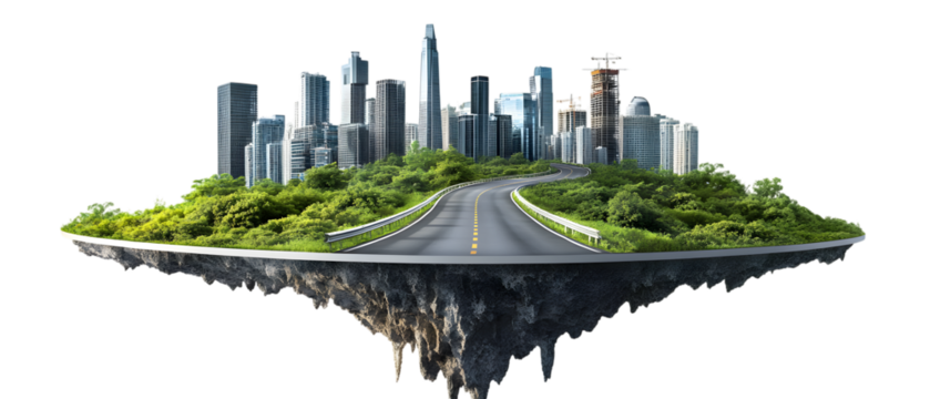 Flying island with road and modern city on transparency background PNG isolated on white background