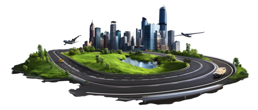 Flying island with road and modern city on transparency background PNG isolated on white background