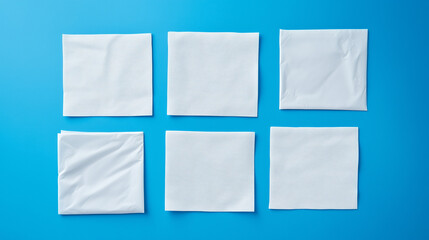 Six white napkins evenly arranged on vibrant blue background, minimalistic and clean layout with empty space
