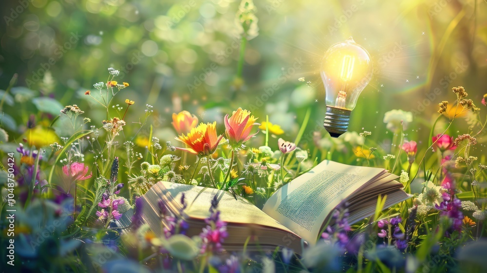 Wall mural open book in a field of wildflowers with a lightbulb floating above