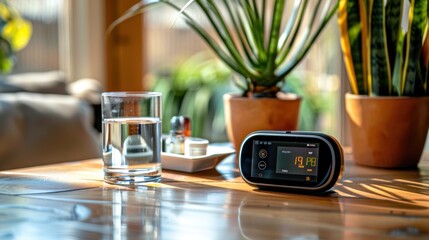 Innovative insulin pump with a sleek touchscreen interface, placed on a wooden table with a small potted plant and a glass of water nearby.