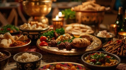 Obraz premium A Festive Table Setting with Various Dishes and Candles
