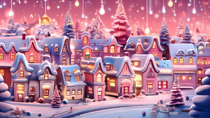 Christmas Harmony in a Joyful Cartoon Wonderland with Christmas Trees, Cheerful Decorations, and Enchanting Details, Illuminating a Festive Village