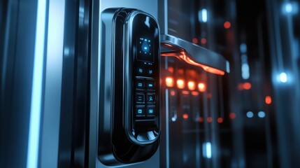 Secure biometric door lock with an illuminated 3D keypad and fingerprint sensor, combining style and technology.