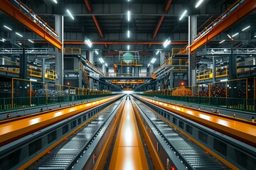 Fototapeta premium Interior view of a recycling plant with sleek metal conveyors, colorful safety barriers, and digital displays showing real-time processing data