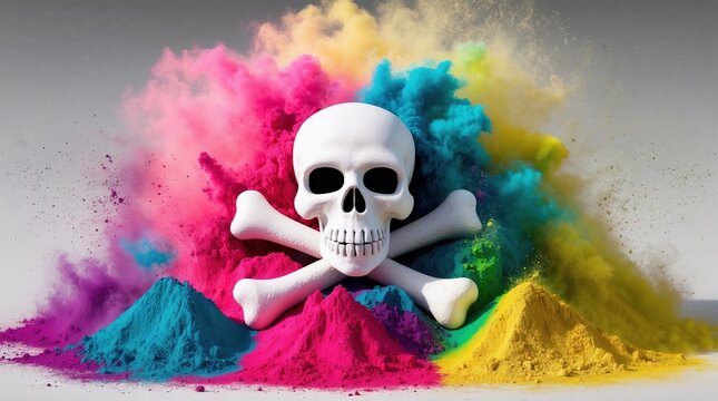 Totenkopf umgeben von einer Staubwolke aus giftigen Farben