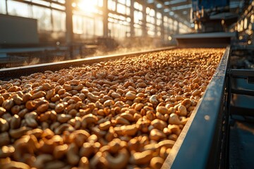 Cashew Nuts on a Conveyor Belt in a Factory