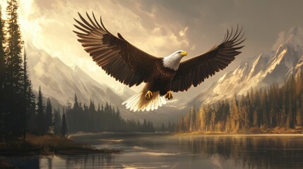 Fototapeta premium A bald eagle swooping down towards a lake, its talons ready to catch its prey.