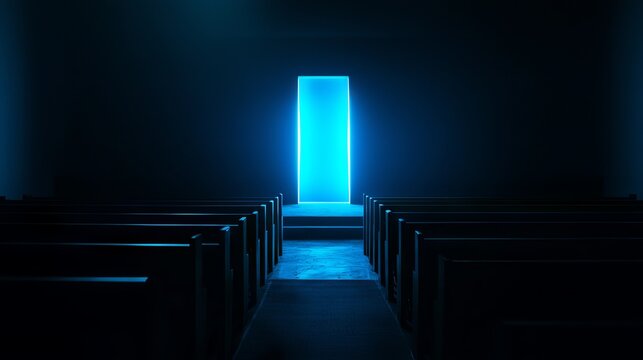 Mysterious blue door illuminating a dark interior space.
