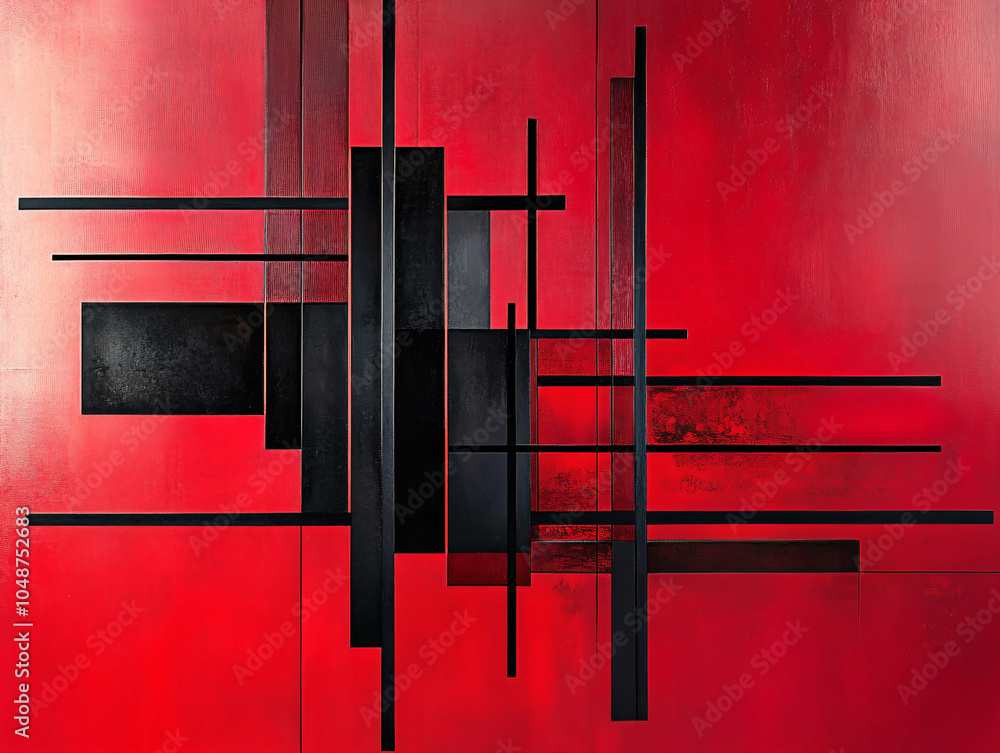 Poster metallic geometry. abstract composition of geometric shapes and black lines set against a red gradie