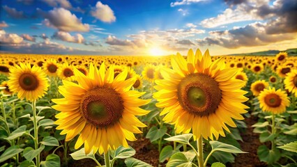 Fototapeta premium Vibrant sunflower field with bright yellow flowers swaying gently in the breeze, happy, field, nature