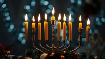 A festive menorah glowing brightly against a backdrop of twinkling lights, tradition, celebration