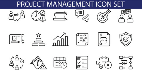 An illustration showcasing a set of 18 line icons representing various aspects of project management, including communication, planning, time management, and teamwork.