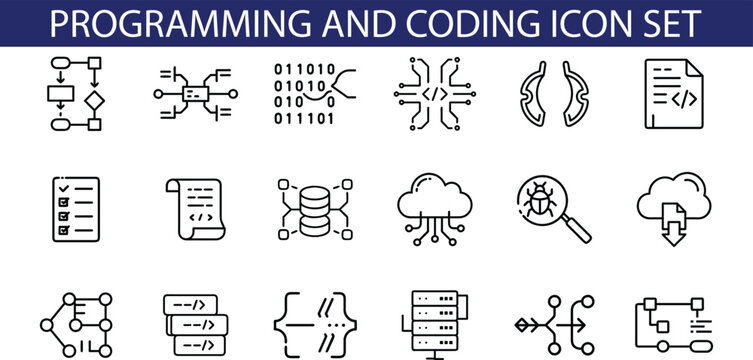 A set of 18 line icons representing various programming and coding concepts, including flowchart, code, database, cloud computing, and more.