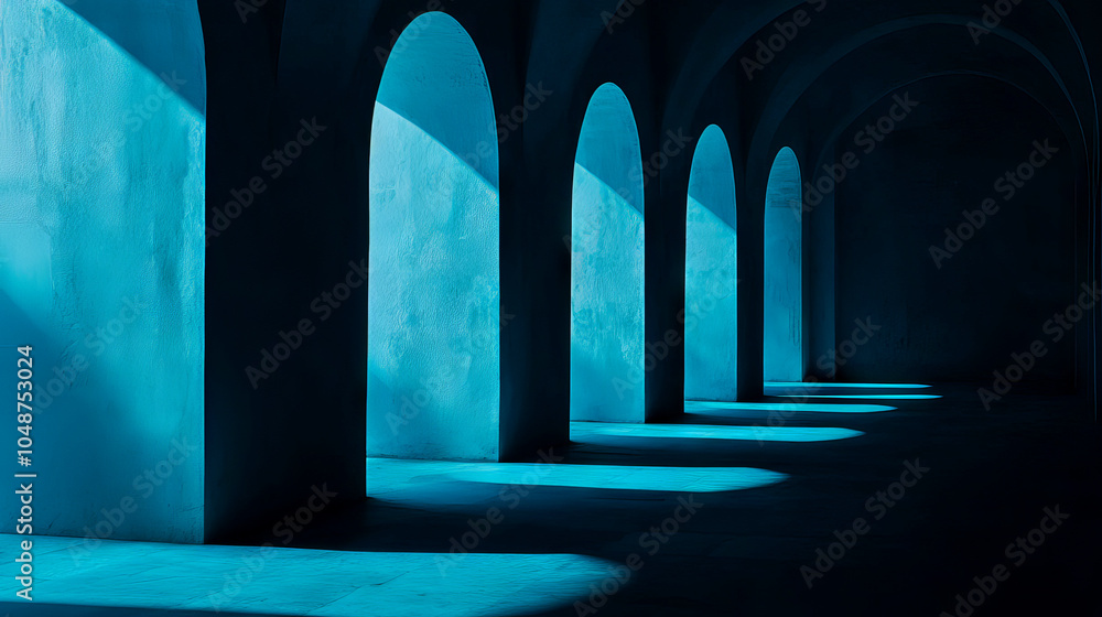 Poster mysterious arches illuminated by soft blue light creating a serene atmosphere.