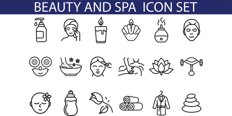 A set of 18 line art icons representing various beauty and spa treatments, including facials, massage, aromatherapy, and more.