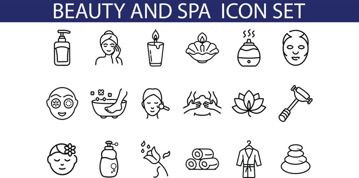 A set of 18 black line icons depicting various beauty and spa elements, including facials, massage, bath, lotions, and candles.