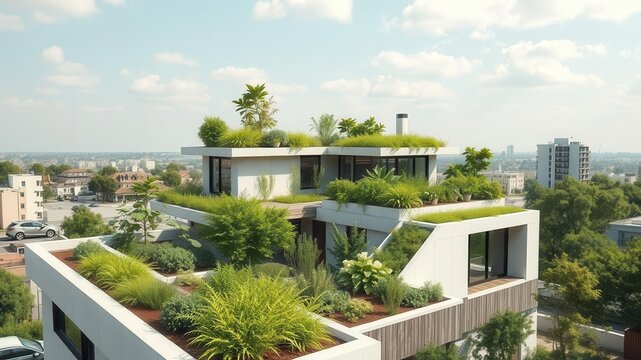 A modern self-sustaining home with a vibrant green roof and rainwater harvesting system, blending seamlessly with nature, smart home, sustainable design, green space