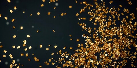 A stunning pile of gold confetti against a dark black backdrop, pile, shiny
