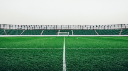 Fototapeta premium Soccer stadium with freshly lined field, goalposts in focus, and neatly arranged seating areas, against a plain white background.