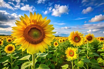 Obraz premium Vibrant yellow sunflowers standing tall against a blue sky with fluffy white clouds and a green grassy field in the foreground, field of gold,