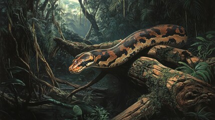 Obraz premium A boa constrictor slowly moving through dense jungle terrain, with its muscular body navigating over rocks and logs.