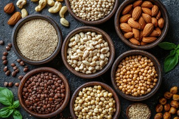 Obraz premium Assortment of Dried Legumes and Nuts in Wooden Bowls