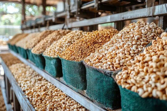 Cashew Nuts in Bulk Displayed in Green Bags