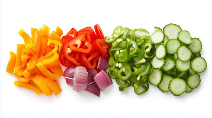A colorful assortment of vegetables including peppers, onions, cucumbers