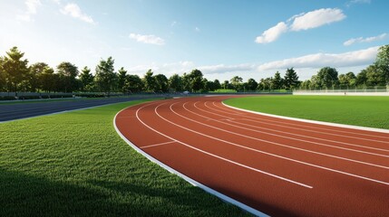 Fototapeta premium Stadium with a track field around the grass, showcasing its multifunctional design for both running and field events.