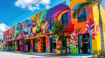 Naklejka premium Colorful Mural on a Building with a Palm Tree and Storefront Windows