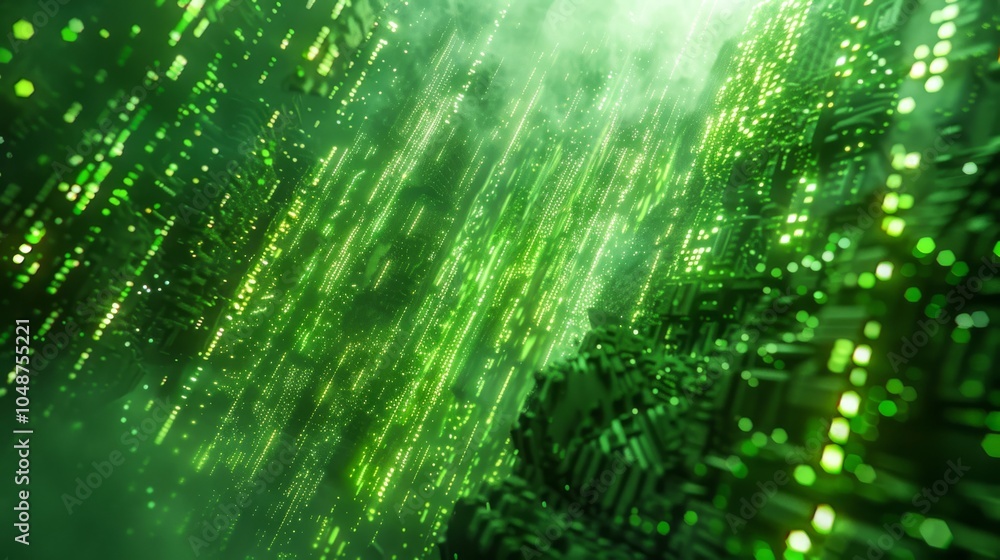 Poster matrix-inspired digital landscape with cascading green code and floating holographic symbols