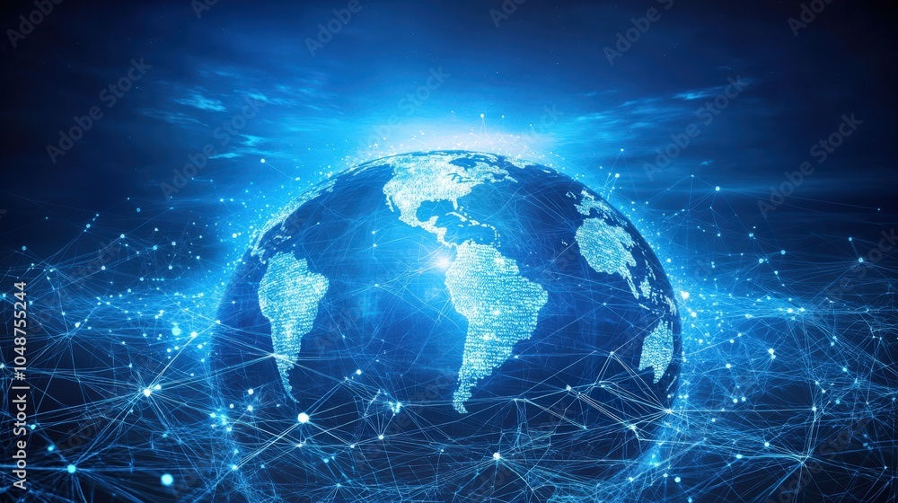 Poster glowing digital world map with interconnected network