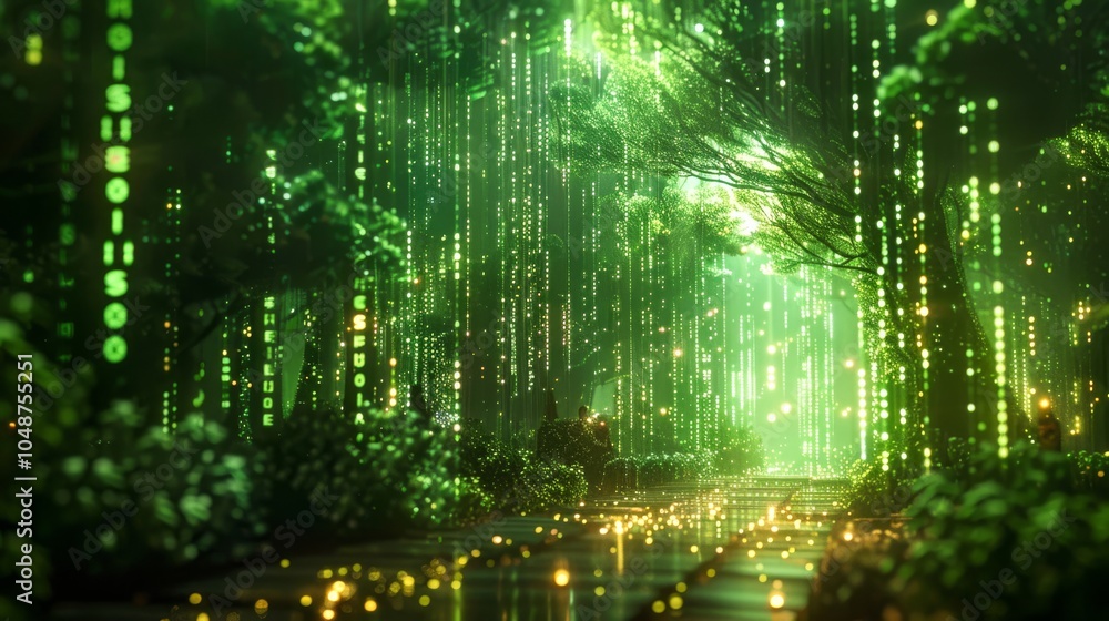 Poster matrix-inspired digital landscape with cascading green code and floating holographic symbols