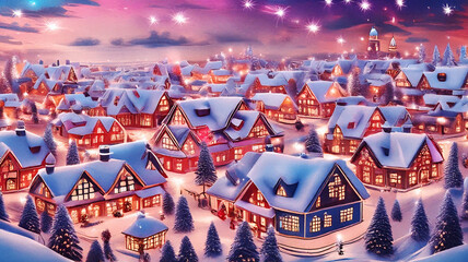 Naklejka premium Christmas Harmony in a Joyful Cartoon Wonderland with Christmas Trees, Cheerful Decorations, and Enchanting Details, Illuminating a Festive Village
