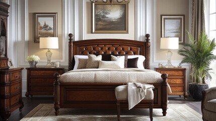 Fototapeta premium Traditional bedroom design with classic wooden furniture, ornate details, and rich fabrics that evoke a timeless elegance.