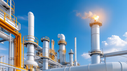 A large industrial plant with many tall white and yellow structures