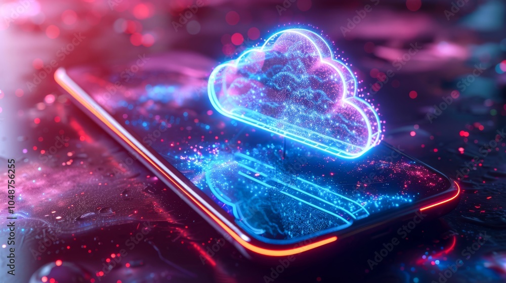 Poster mobile cloud computing idea showing a smartphone with a digital cloud neon icon emerging from the sc