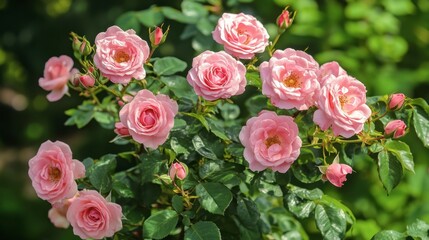 Obraz premium A bush of pink roses in full bloom, surrounded by lush green foliage on a sunny day.