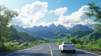 White car on a scenic road. Car on the road surrounded by a magnificent natural landscape.