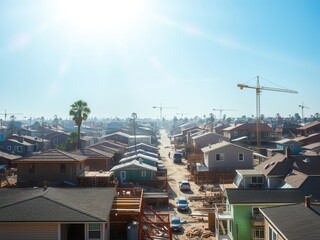 Fototapeta premium Destroyed homes being rebuilt in the aftermath of a hurricane, with sunlight shining brightly, giving hope for the future, hope, new