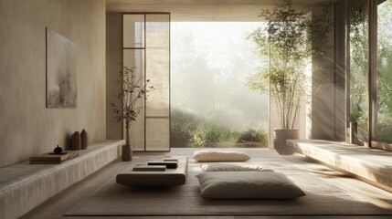 Fototapeta premium Zen living room with minimal decor, natural materials, and a neutral color palette, fostering a calm and meditative environment.