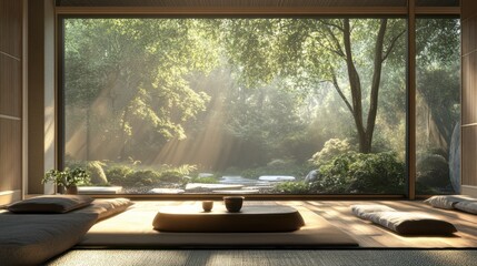 Fototapeta premium Zen living room with minimal decor, natural materials, and a neutral color palette, fostering a calm and meditative environment.